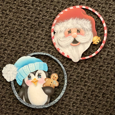 Peppermint Santa and Ginger Penguin Ornaments
